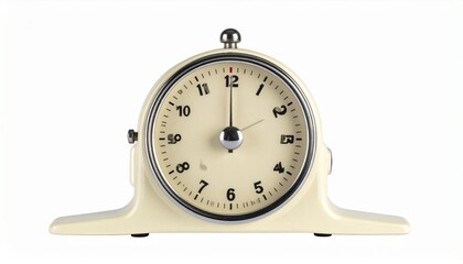 Cream-colored vintage analog clock showing 12:30 with black and red numerals on round face and classic base