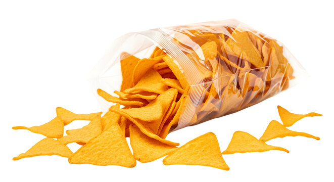 Orange tortilla chips spilling from a clear plastic bag on transparent background