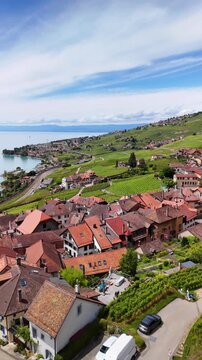 Lavaux vineyards region in Switzerland UNESCO World Heritage site Lake Geneva aerial drone