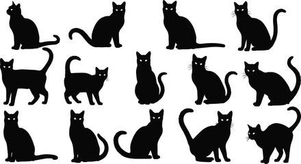 Black cat silhouettes collection in various sitting and walking poses, spooky feline characters isolated on white background, Halloween vector illustration set © Itz Nur