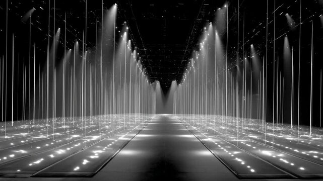 An abstract technology background featuring a black and white cityscape skyline where urban architecture and skyscrapers reflect off night water near a glowing fountain