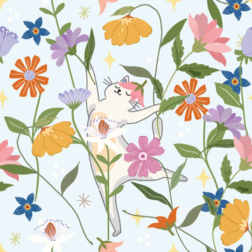 Cute white kitty cat having fun in colorful flower garden seamless pattern
