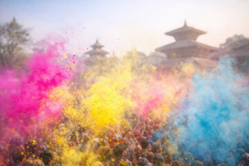 Fagu Purnima Holi Festival Celebration in Nepal, Vibrant Colorful Powder Clouds
