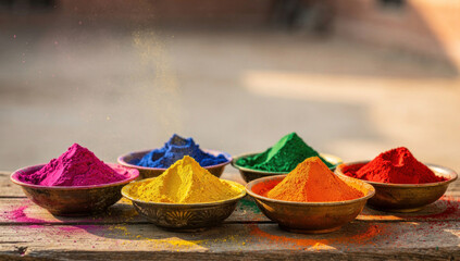 Colorful Holi Powder Bowls for Fagu Purnima Festival in Nepal, Traditional Vibrant Pigments