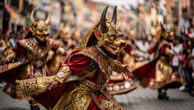 Traditional Diablada Dancers at Oruro Carnival, Bolivia, Masks and Costumes