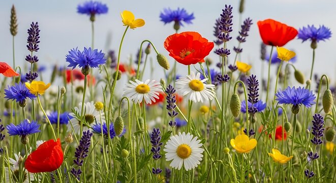 A vibrant field of wildflowers including cornflowers poppies daisies and lavender blooms under a cloudy sky