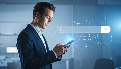 Businessperson using smartphone with digital search overlay in illuminated cityscape at night