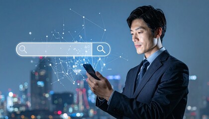 Businessperson using smartphone with digital search overlay in illuminated cityscape at night