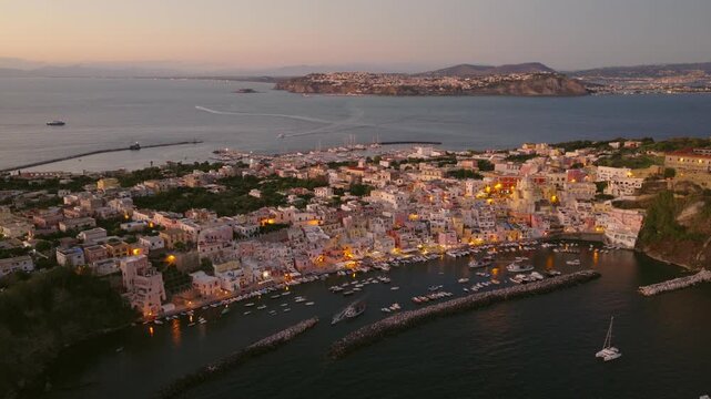Aerial View Of Procida Island At Sunset In Naples, Italy.
