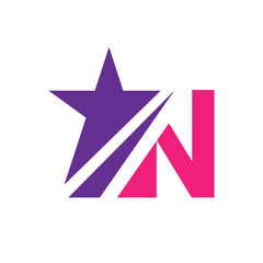 Obraz premium the design depicts a flat logo of a letter N in combination with a star shape and a single line in bright pink and deep purple color that looks modern on a white background 