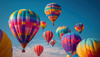 Obraz premium Colorful hot air balloons floating in a clear blue sky with fluffy clouds, creating a vibrant and festive atmosphere during a balloon festival