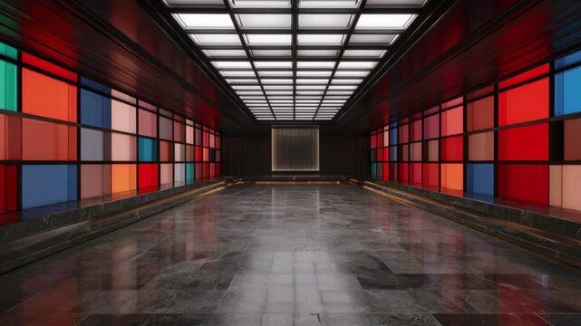 An empty office building corridor leads into an underground network server room filled with long rows of red and blue cables organized along a glass hallway
