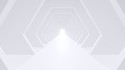 Fototapeta premium Abstract white hexagonal tunnel leading to bright light, futuristic 3D architectural corridor, concept of future, technology and progress.