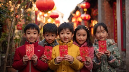 Fototapeta premium Group portrait of five children holding red envelopes during a festive celebration in a vibrant street adorned with lanterns and decorations