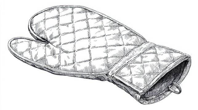 Sketch style quilted kitchen oven mitt drawn in detailed line art for cooking baking and culinary use