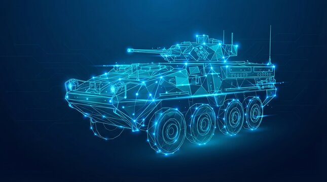 Futuristic Digital Wireframe of 8-Wheeled Armored Fighting Vehicle with Glowing Blue Poly Mesh
