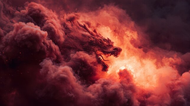 Fiery red dragon emerging from blazing smoke and sparks in a powerful fantasy explosion atmosphere