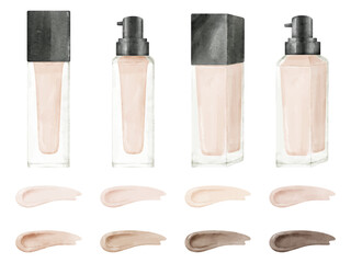 水彩画風のリキッドファンデーションと肌の色見本のイラストセット