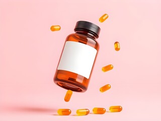 Amber glass bottle floating with pills.