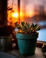 Sunset Through Window With Succulent