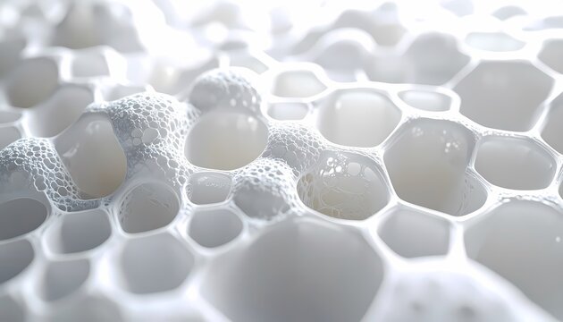 Abstract White Foam Texture Background. Close-up of Glossy Cellular Honeycomb Structure, Representing Microscopic Biological Material or Modern Nanotechnology.