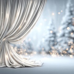 Elegant Winter Curtain Scene With Snowy Forest Background