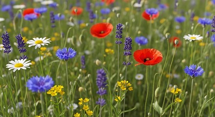 Obraz premium A vibrant meadow filled with colorful wildflowers including poppies cornflowers and daisies blooms beautifully