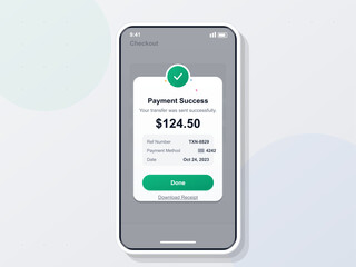 A mobile device displays a payment success notification after a transaction. It includes the amount, reference number, payment method, and date of the transaction.