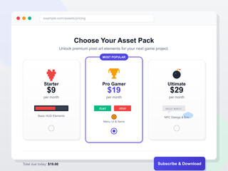 Select from different asset pack options to access premium pixel art elements for game development. Prices vary based on features and items included.
