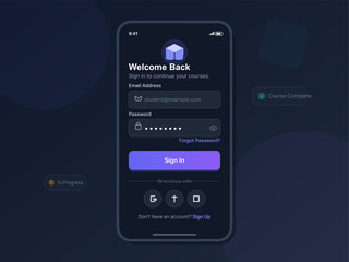User interface design shows a welcome back screen for an online course platform. It features fields for email and password, along with sign in and sign up options.