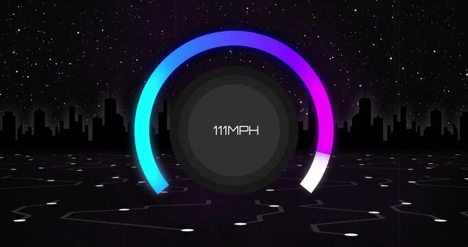 HUD gauge starting cyan arc, filling CW, shifting cyan to purple, peaking, visualizing speeds
