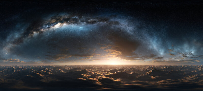 Epic 360 Degree Milky Way Galaxy Sky Above Clouds at Cosmic Sunrise, Panoramic Space Background with Stars, Nebula and Horizon Light, Cinematic Sci-Fi Universe for VR, Metaverse 