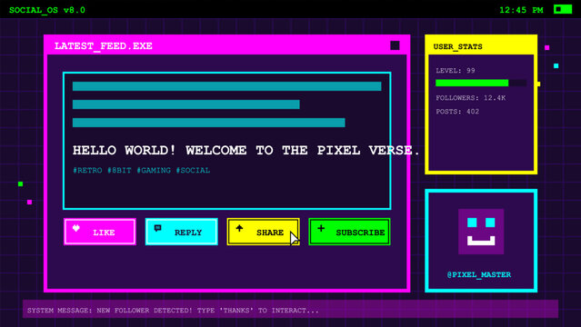 A vibrant retro gaming interface displays user stats and social features. This graphic shows activity including likes, shares, and replies in a pixel art style.