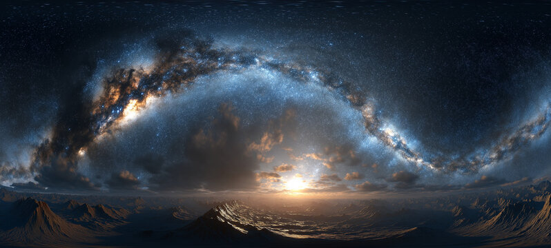 Epic 360 Degree Milky Way Galaxy Sky Above Clouds at Cosmic Sunrise, Panoramic Space Background with Stars, Nebula and Horizon Light, Cinematic Sci-Fi Universe for VR, Metaverse 