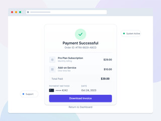Payment confirmation indicates that the subscription plan and add-on service have been successfully processed on October 24, 2023. User can download the invoice for records.