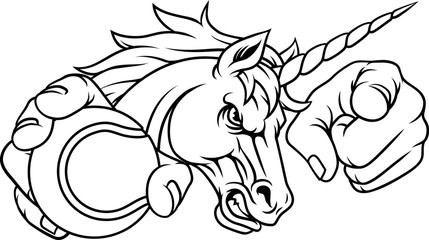 Naklejka premium Unicorn horse stallion angry tennis sports team mascot holding a ball.