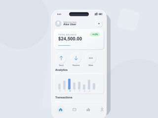 A digital display of a mobile banking application showcasing user balance, transaction history, and analytics. The screen design highlights essential banking features.