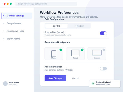 This design screen shows user settings for managing grid configurations in a vector illustration program, focusing on responsive breakpoints and asset generation.