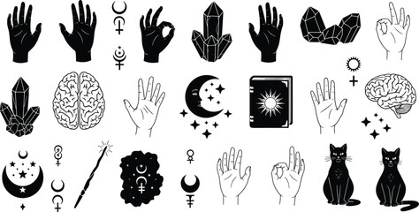 Occult magic symbols illustration set with hands crystals moon cat brain tarot book, esoteric witchcraft elements collection, black white vector icons © Itz Nur