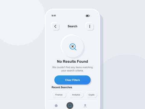 A mobile app screen displays a no results found message. Below it, users can view recent search history including finance, analytics, and crypto. This design emphasizes usability.