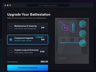 Users can select service packages to improve their battlestation's performance. Options include maintenance, cleaning, component upgrades, and overclocking.