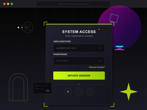 The design shows a login screen for system access. It includes fields for user identifier and passphrase along with buttons for initiating a session and recovering access.