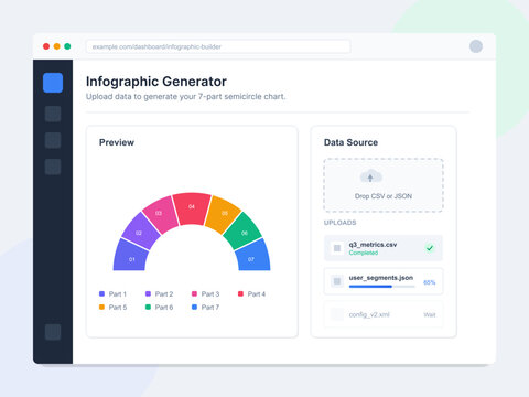 A preview of an infographic generator tool designed to upload data and create a seven-part semicircle chart. Users can upload CSV or JSON files for customization.