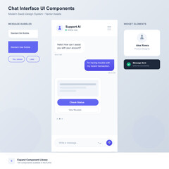 This vector illustration shows a chat interface for a software application. It includes message bubbles, user details, and options to check and view transaction statuses.