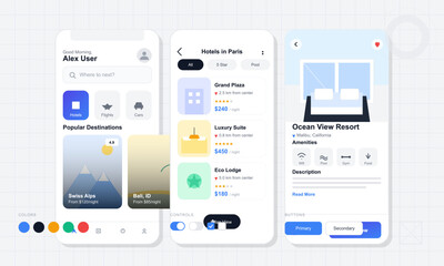 The design showcases a digital travel app featuring hotel listings, popular destinations, and user interface elements for easy navigation and booking.