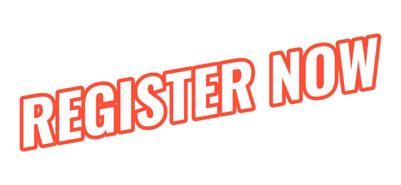 Register now modern bold outlined web element. User registration open. Enrollment sign up. Quick event signup. Slanted text design with red contour. Angled typography, UI UX. Oswald font used