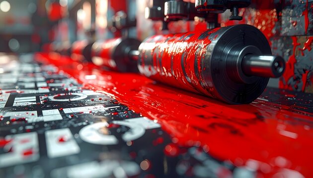 Industrial Printing Press Roller Applying Bright Red Ink. Close-up of heavy machinery in a commercial factory producing graphics and literature.