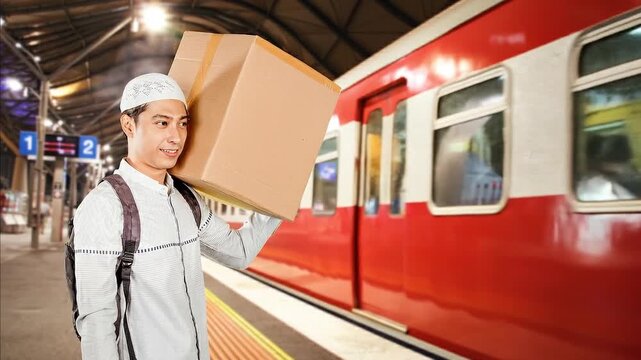 Smiling Muslim Man Carrying Box at Train Station for Mudik Lebaran Homecoming