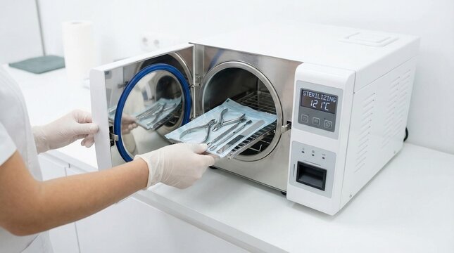 Person placing sterilized dental instruments into autoclave machine  