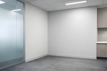 Obraz premium Bright and minimalist empty office area featuring sleek glass partitions and practical storage, symbolizing a blank canvas for innovative enterprise